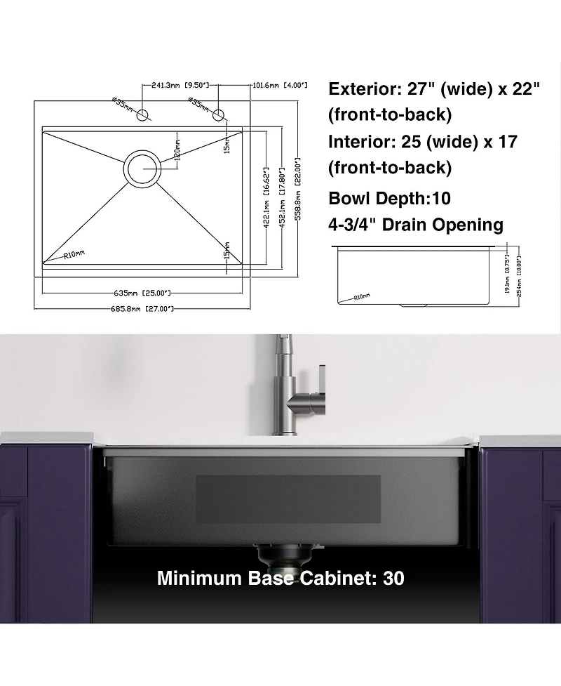 flynama 27x22x10inch Gunmetal Kitchen Sink Topmount Stainless Steel Worksation Single Bowl