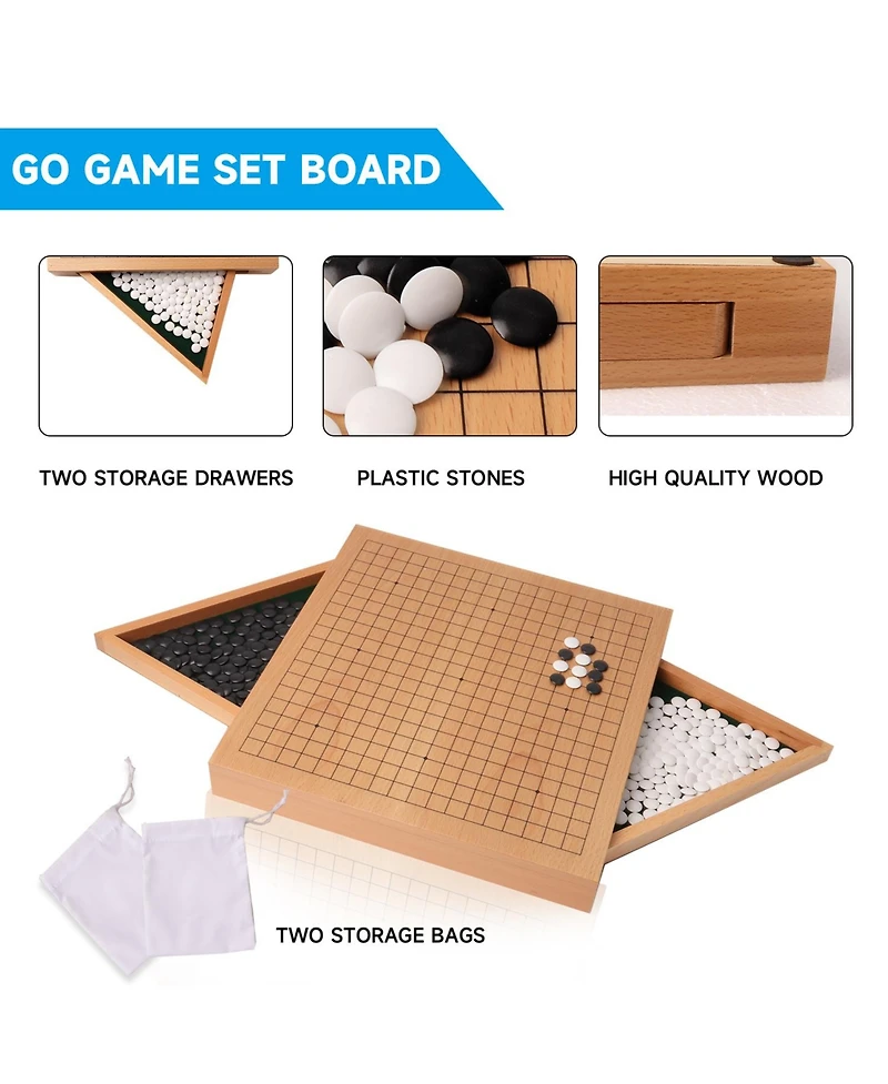 Gse Games & Sports Expert 12-Inches Wooden Go Board Game Set with Drawers, Wood Go Game Board Set with Plastic Stones