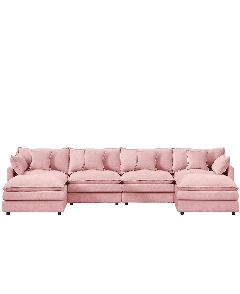 Streamdale Furniture Modular U-Shaped 4-Seater Chenille Sofa with Movable Ottoman, Pink