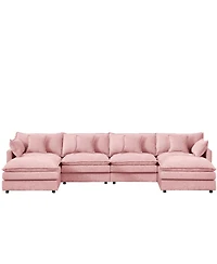 Streamdale Furniture Modular U-Shaped 4-Seater Chenille Sofa with Movable Ottoman, Pink