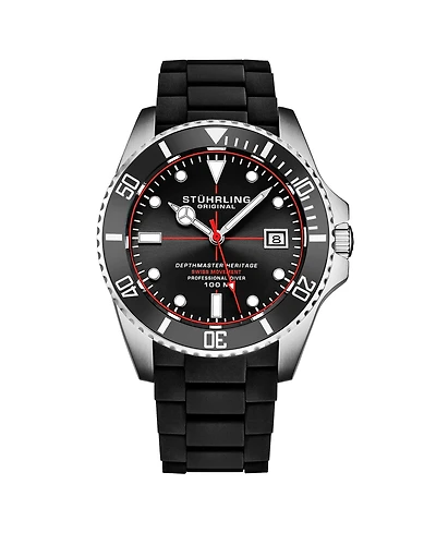 Stuhrling Depthmaster Heritage 4087 Men's Swiss Quartz Diver Watch, 44mm Black Dial with Red Accents