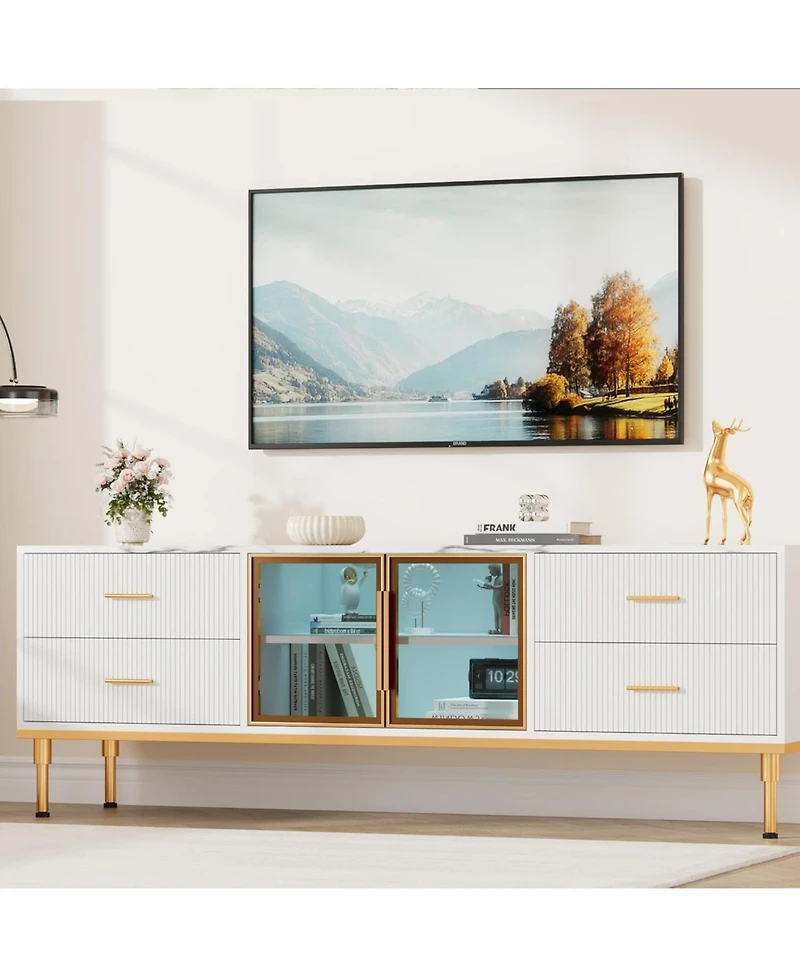 gaomon 65 Tv Stand with Led Lights, Modern Entertainment Center 4 Drawers & Shelves Glass Doors