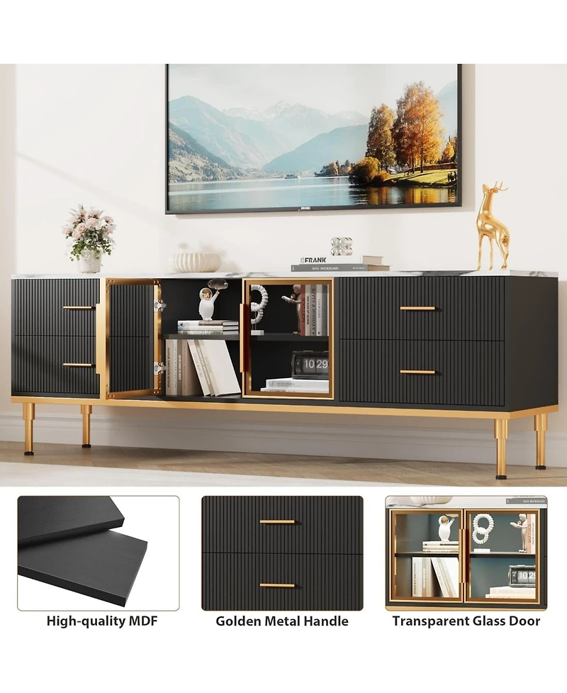 gaomon 65 Tv Stand with Led Lights, Modern Entertainment Center 4 Drawers & Shelves Glass Doors