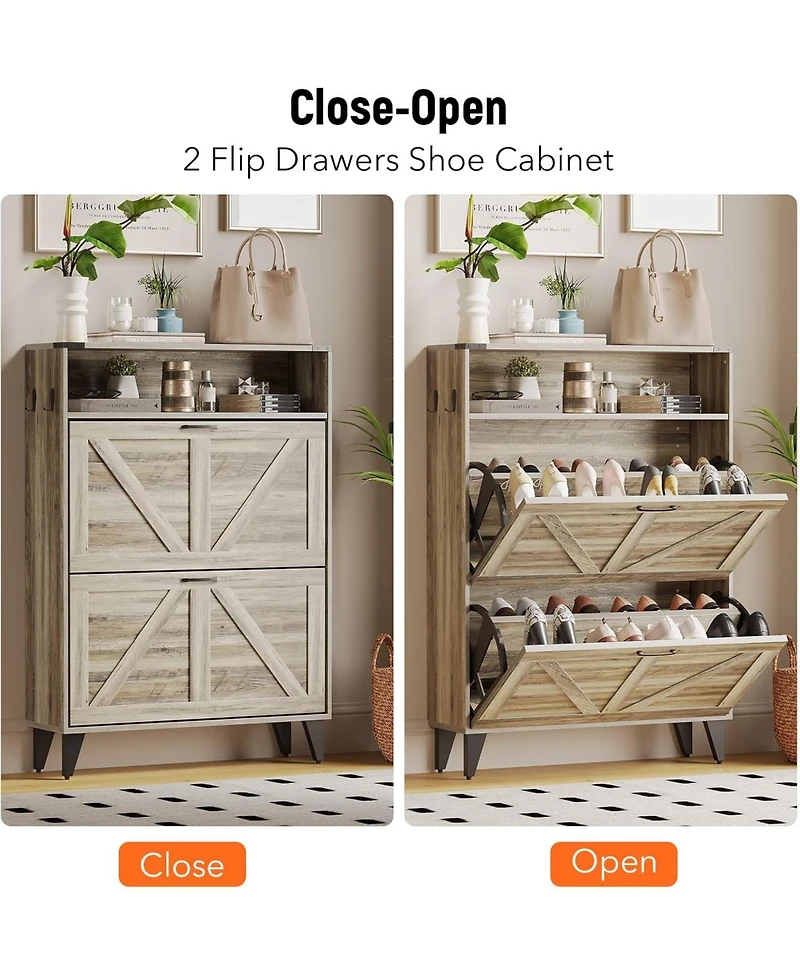 gaomon Shoe Cabinet with 2 Flip Drawers, Farmhouse Narrow Organizer Adjustable Shelf.