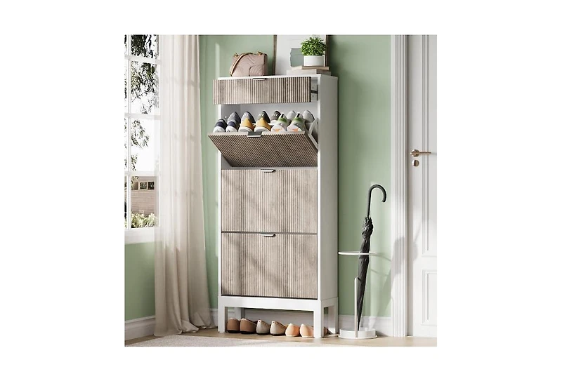gaomon Shoe Storage Cabinet with 3 Flip Drawers, Farmhouse Fluted Organizer Metal Legs, Freestanding Narrow Rack for Entryway