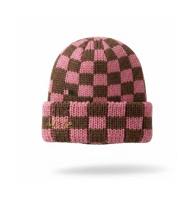 Headbands of Hope Women's Two-Tone Checkerboard Knit Beanie - Pink + Brown