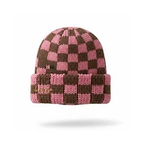 Headbands of Hope Women's Two-Tone Checkerboard Knit Beanie - Pink + Brown