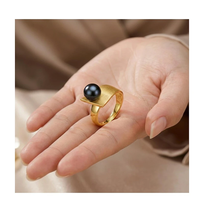 Chic Sterling Silver 14K Gold Plated with Genuine Freshwater Pearl Linear Ring