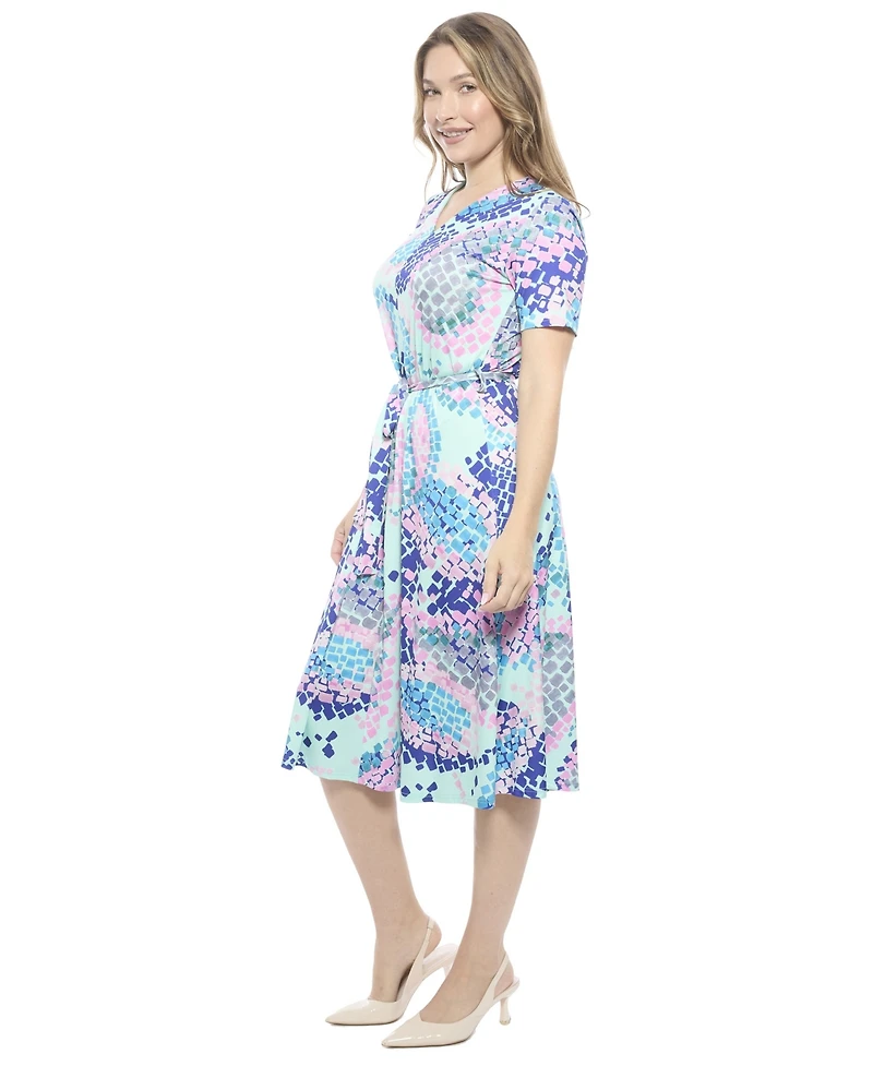 24seven Comfort Apparel Women's Abstract V-Neck Short Sleeve A-Line Midi Dress