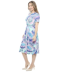 24seven Comfort Apparel Women's Abstract V-Neck Short Sleeve A-Line Midi Dress