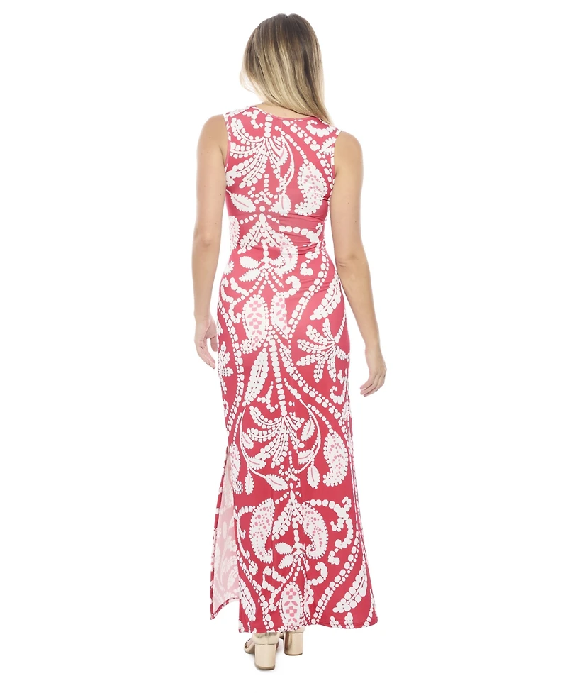 24seven Comfort Apparel Women's Paisley Sleeveless Side Slit Bodycon A-Line Maxi Dress