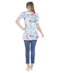 24seven Comfort Apparel Women's Abstract V-Neck Elbow Sleeve Henley Tunic Top