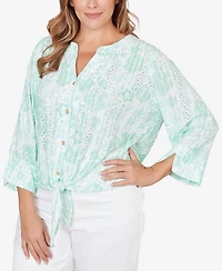 Hearts Of Palm Plus Printed Eyelet Gauze Tie Front Top