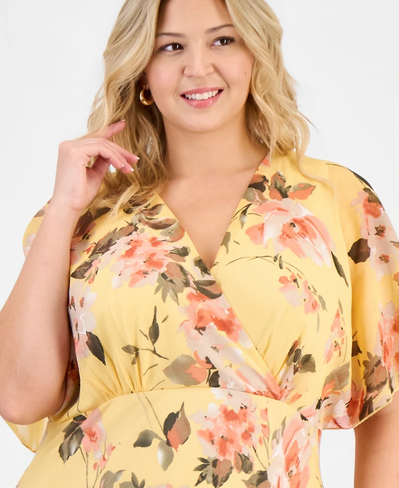 Connected Plus Floral Chiffon Butterfly-Sleeve Dress
