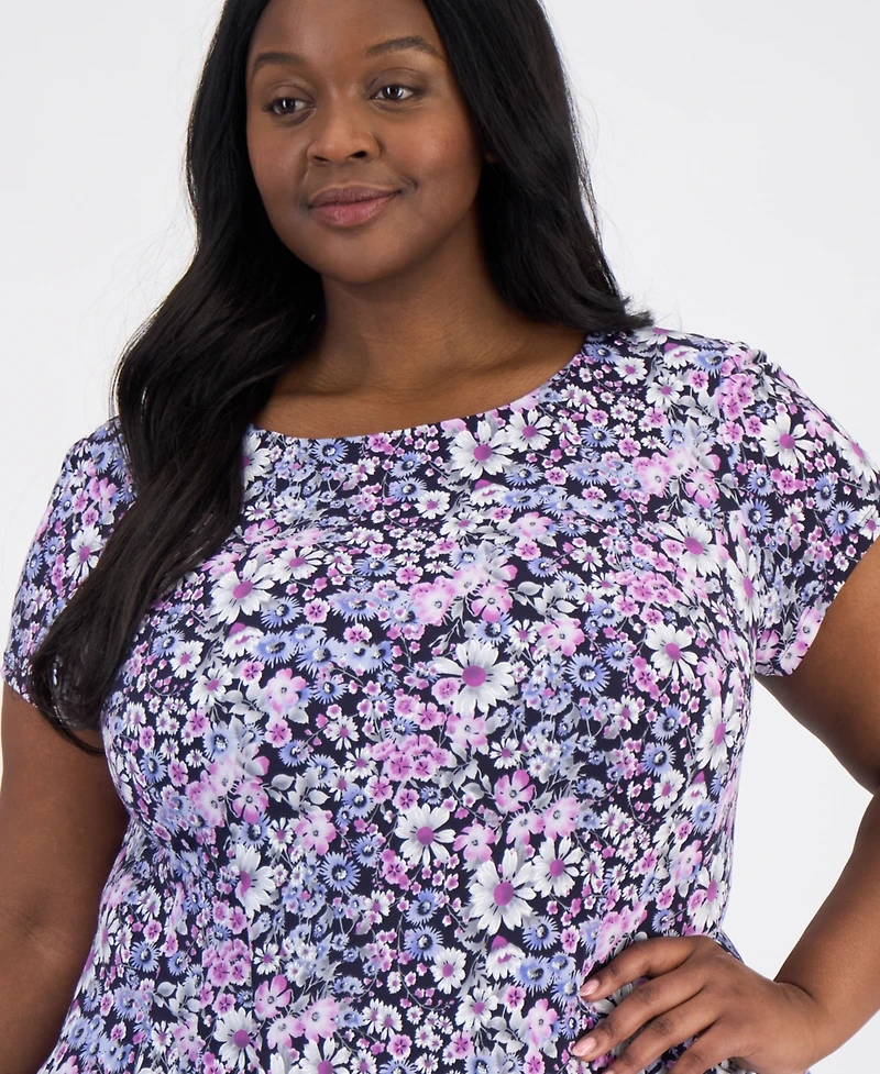 Connected Plus Size Printed Pintuck Short-Sleeve Dress
