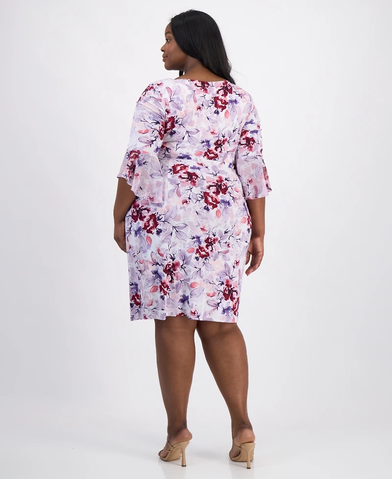 Connected Plus Floral-Print Flounce-Sleeve Dress