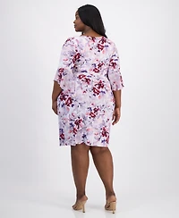 Connected Plus Floral-Print Flounce-Sleeve Dress