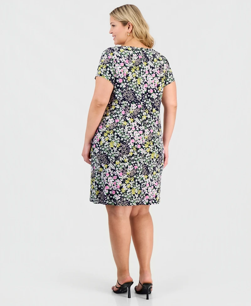 Connected Plus Printed Pintuck Short-Sleeve Dress
