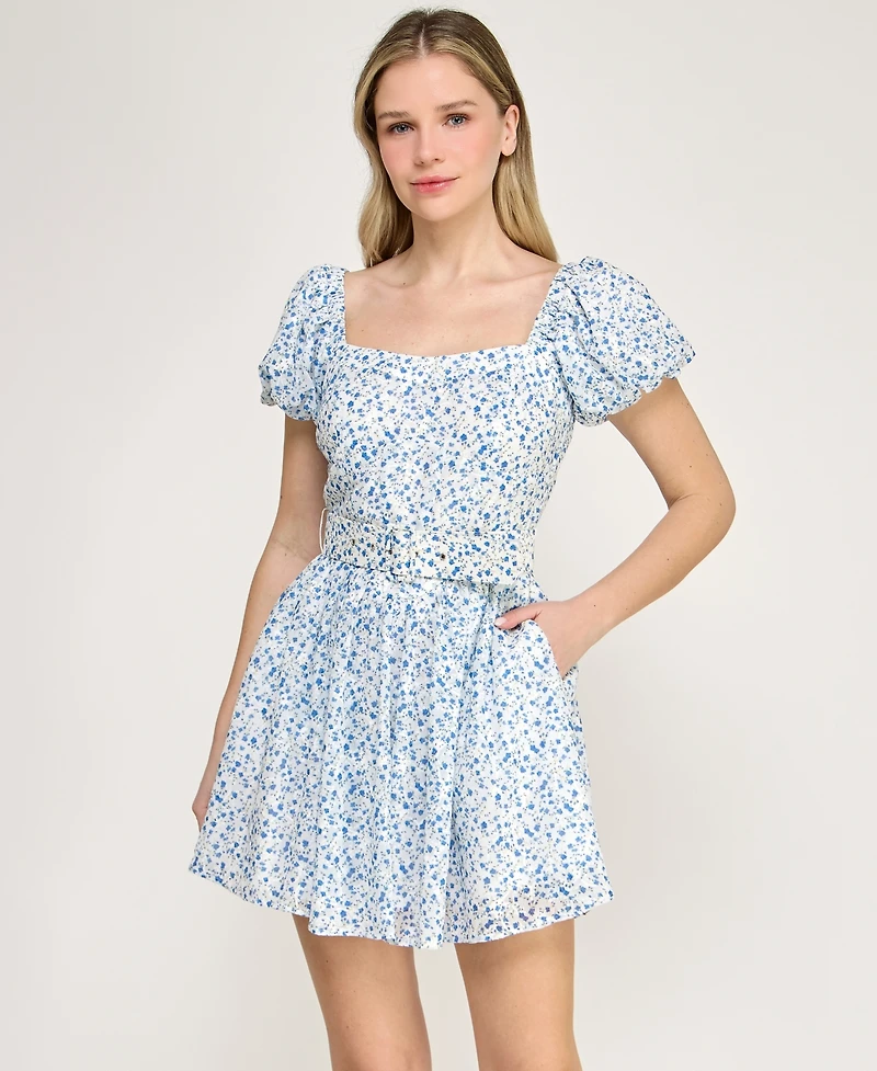 Trixxi Juniors' Short Puff-Sleeve Drop Waist Dress