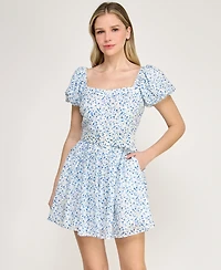 Trixxi Juniors' Short Puff-Sleeve Drop Waist Dress