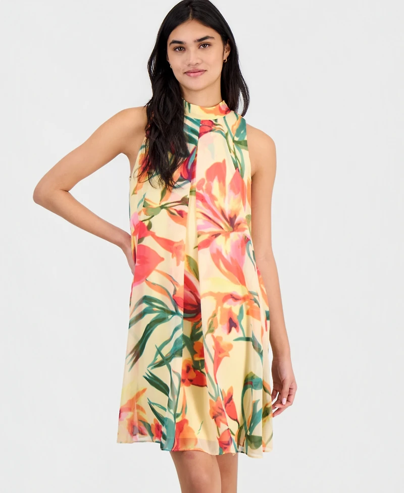 Robbie Bee Petite Floral-Print Chiffon Trapeze Dress