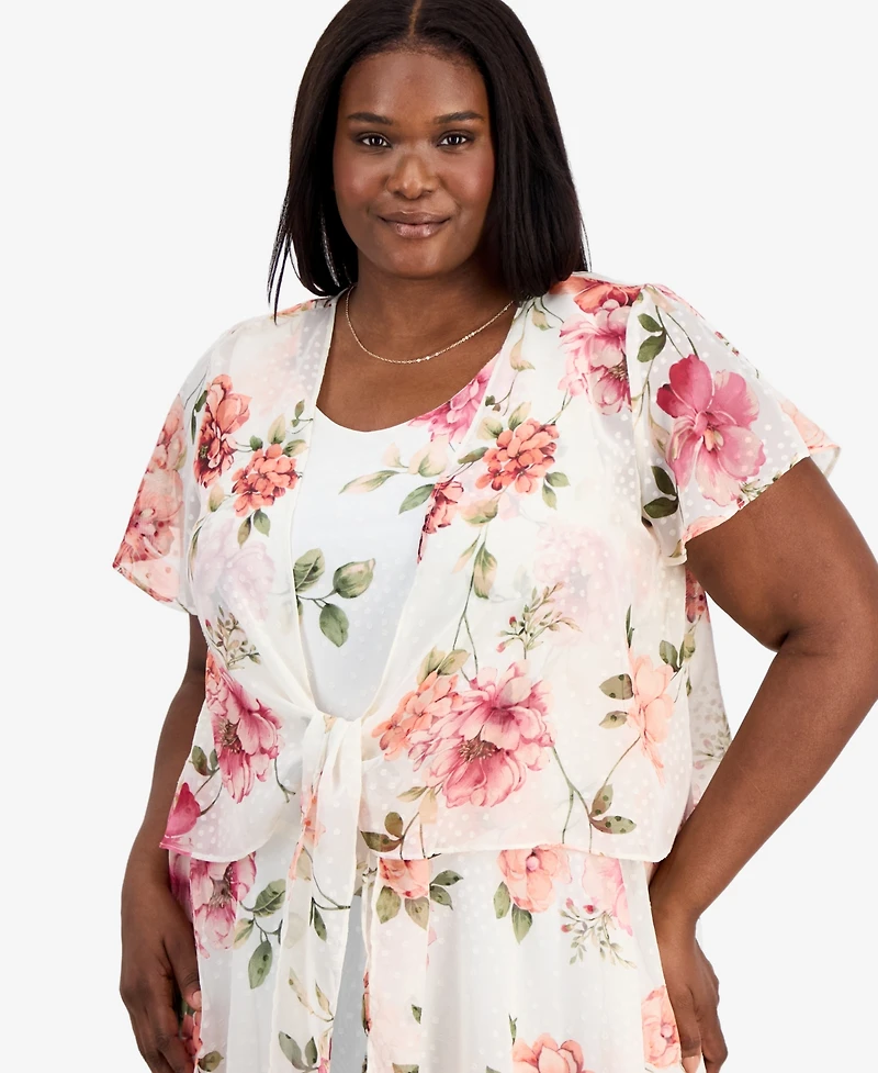 Robbie Bee Plus 2-Pc. Floral-Print Chiffon Dress & Open-Front Jacket