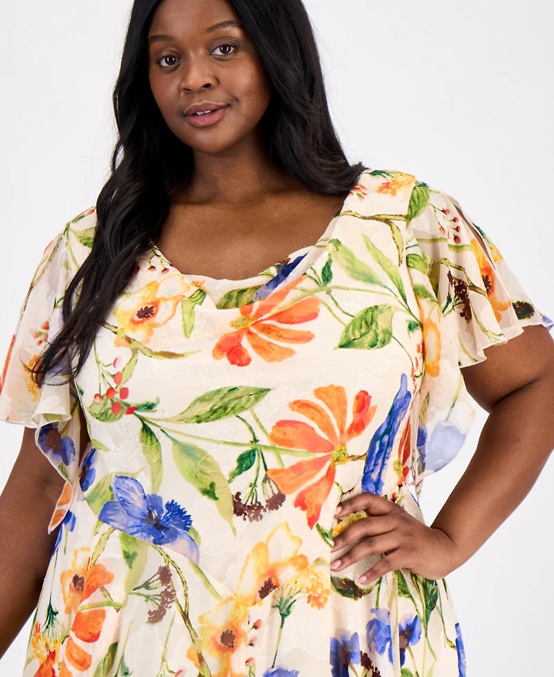 Robbie Bee Plus Printed Cowl-Neck Flutter-Sleeve Dress