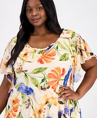 Robbie Bee Plus Printed Cowl-Neck Flutter-Sleeve Dress