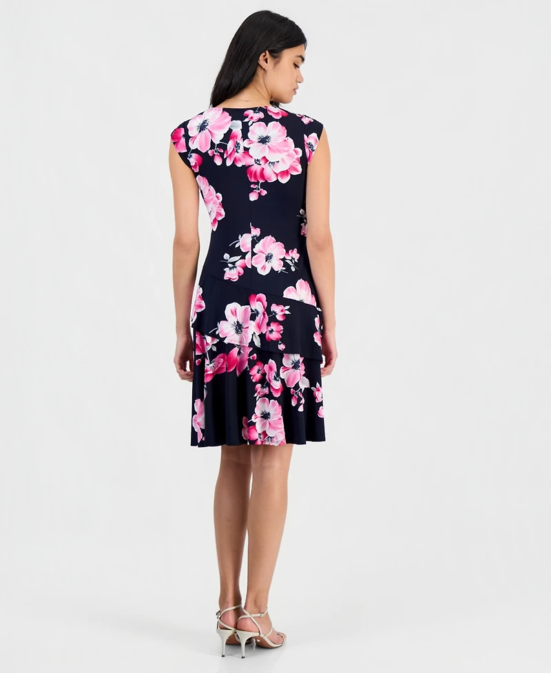 Robbie Bee Petite Floral-Print Ruffle Cap-Sleeve Dress