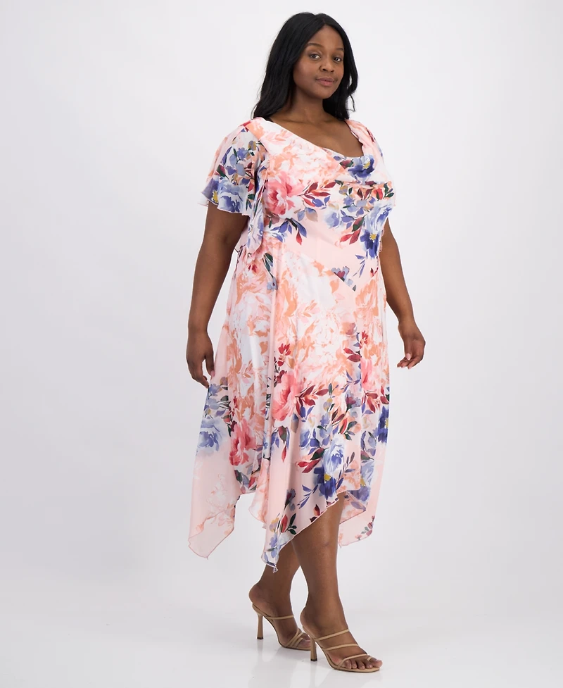 Robbie Bee Plus Flutter-Sleeve Handkerchief-Hem Midi Dress