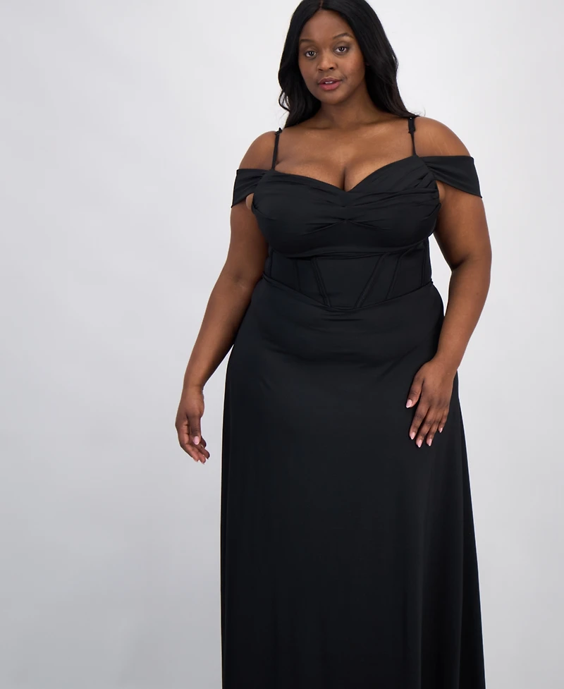 City Studios Trendy Plus Satin Off-The-Shoulder Gown