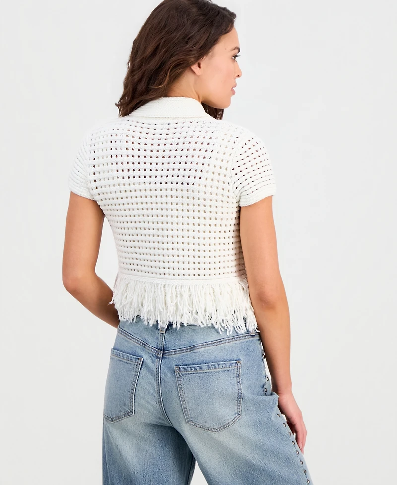 And Now This Petite Short-Sleeve Johnny-Collar Fringe Sweater, Macy's Exclusive