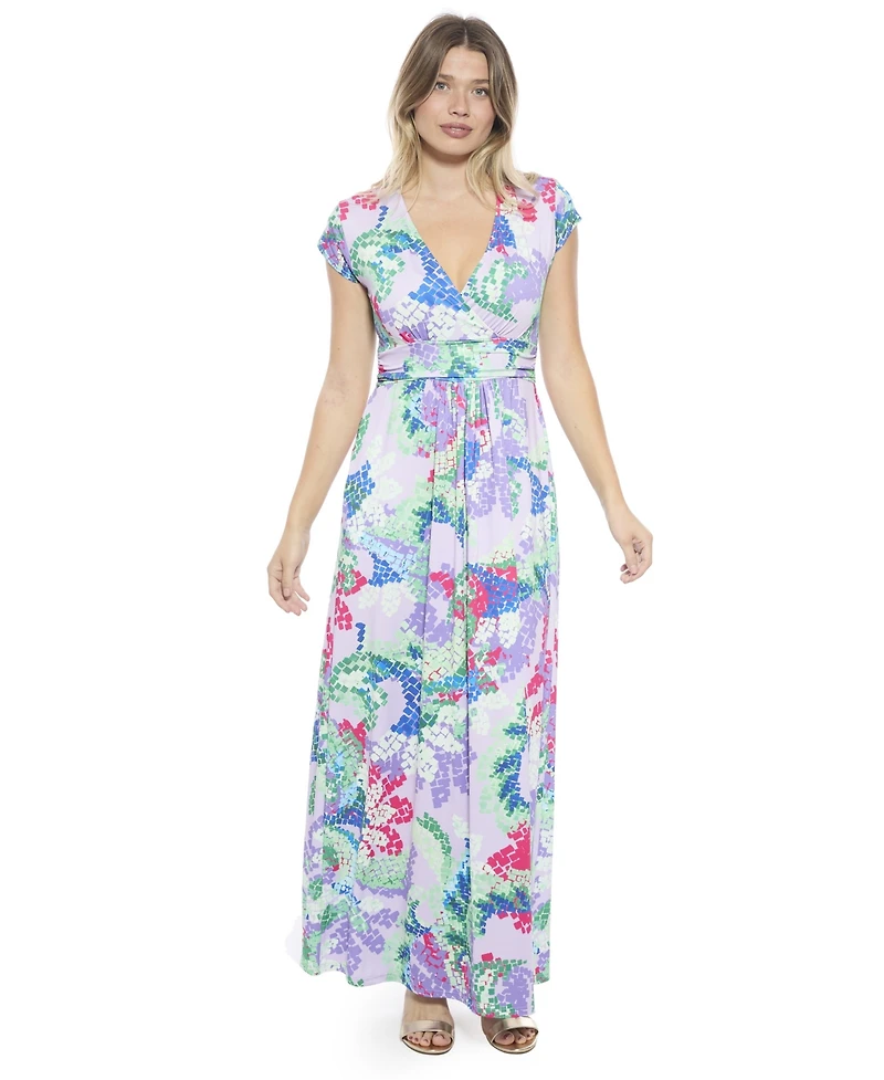 24seven Comfort Apparel Women's Abstract V-Neck Cap Sleeve Side Slit Pocket A-Line Maxi Dress