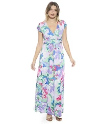 24seven Comfort Apparel Women's Abstract V-Neck Cap Sleeve Side Slit Pocket A-Line Maxi Dress