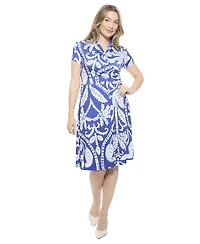 24seven Comfort Apparel Women's Paisley V-Neck Short Sleeve Faux Wrap Knee Length A-Line Dress