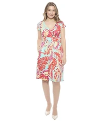 24seven Comfort Apparel Women's Abstract V-Neck Cap Sleeve Knee Length A-Line Pocket Dress