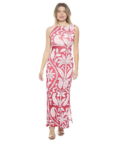 24seven Comfort Apparel Women's Paisley Sleeveless Side Slit Bodycon A-Line Maxi Dress