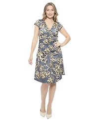 24seven Comfort Apparel Women's Floral V-Neck Cap Sleeve Ruched Front Knee Length Dress