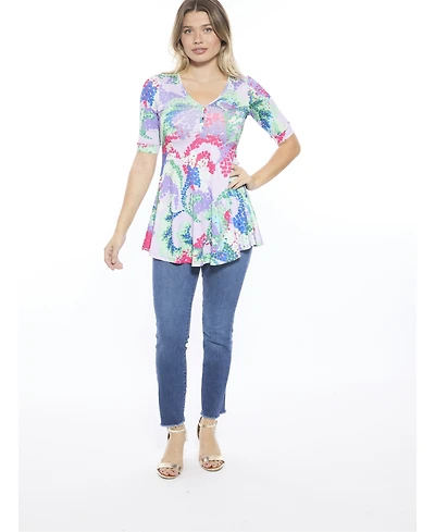 24seven Comfort Apparel Women's Abstract V-Neck Elbow Sleeve Henley Tunic Top