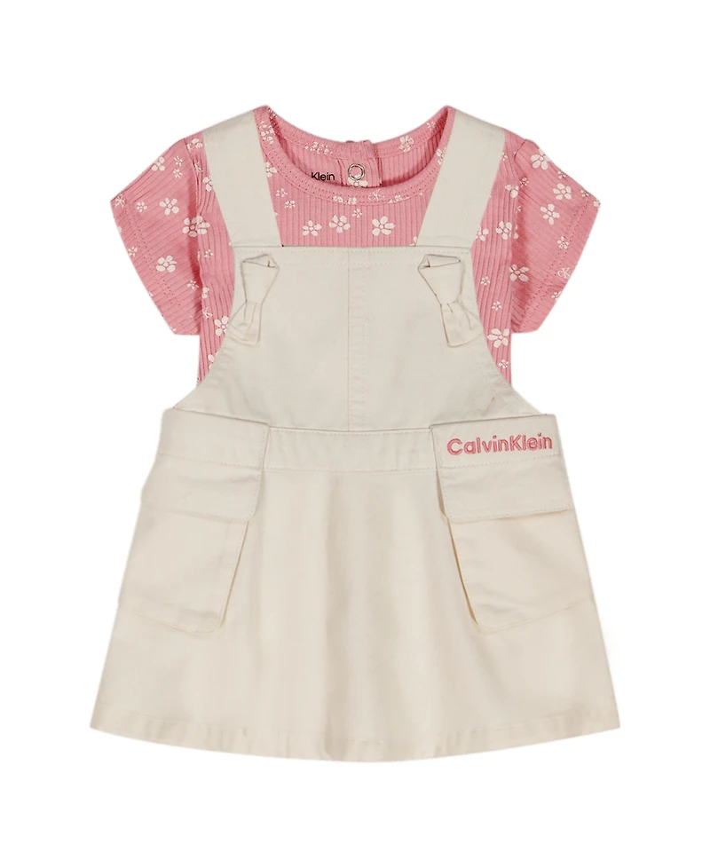 Calvin Klein Baby Girls' Ribbed Printed Bodysuit & Denim Overall, 2-Piece Set