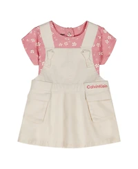 Calvin Klein Baby Girls' Ribbed Printed Bodysuit & Denim Overall, 2-Piece Set