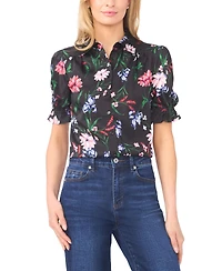 CeCe Women's Puff Sleeve Button Down Collared Top