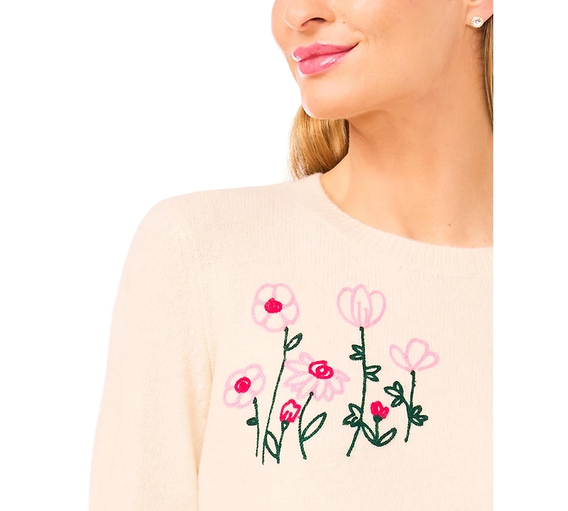 CeCe Women's Floral Embroidery Detail Crewneck Sweater