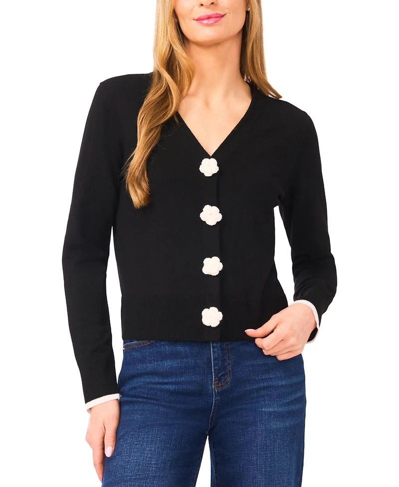 CeCe Women's Crochet Flower Snap Detail V-Neck Cardigan