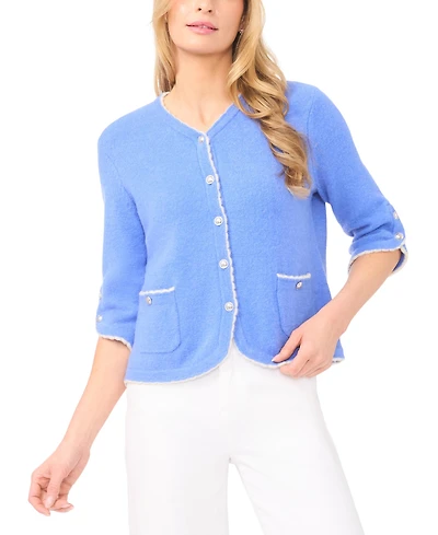 CeCe Women's Contrast Scallop Trim V-Neck Cardigan