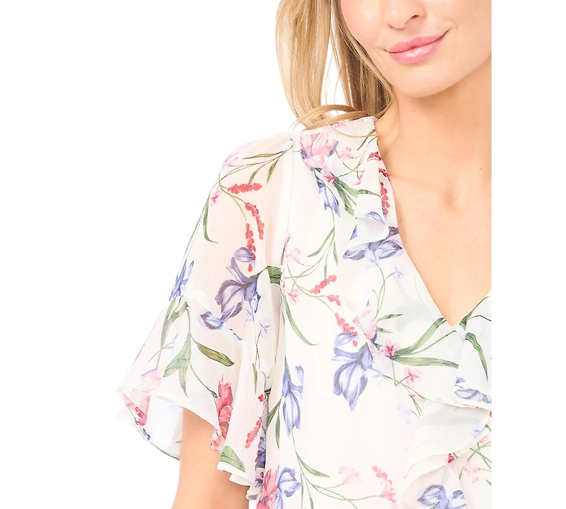 CeCe Women's Flutter Sleeve Ruffle Detail V-Neck Top