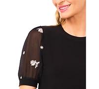 CeCe Women's Mixed Media Design Crewneck Top