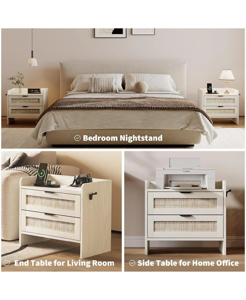 gaomon Set of 2 Rattan Nightstands, 2-Drawer Bedside Table with Type-c Charging Station