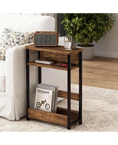 gaomon Tiger Stripe Brown Narrow Side Table, Storage Shelf & Magazine Rack Slim Nightstand for Small Spaces
