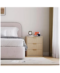gaomon 1PC Natural Fluted Nightstand, 3-Drawer Bedside Table with Charging Station & Open Storage